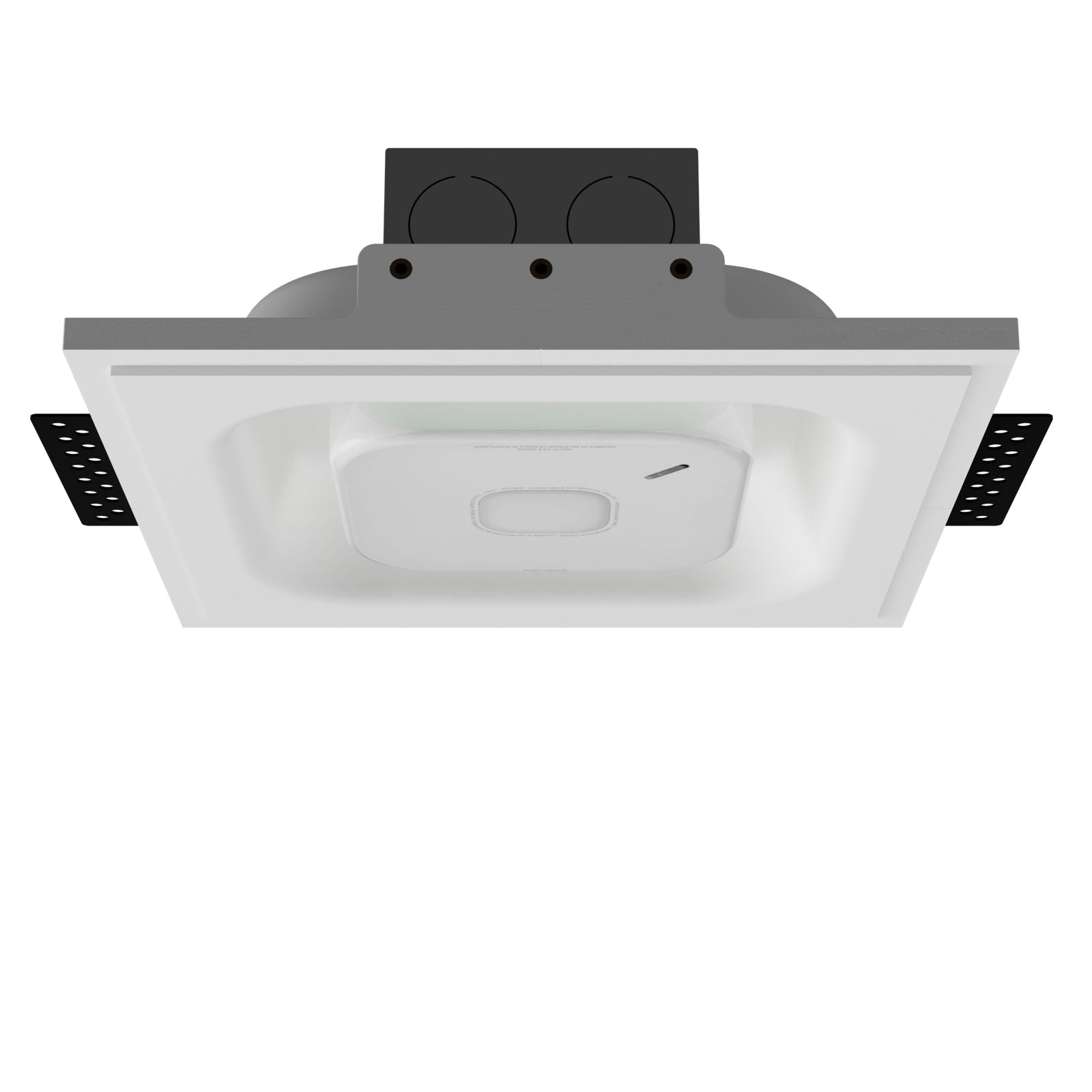 Ceiling perspective of SMS-1GU-173x40 square smoke mount with device, designed for clean, low-profile installation