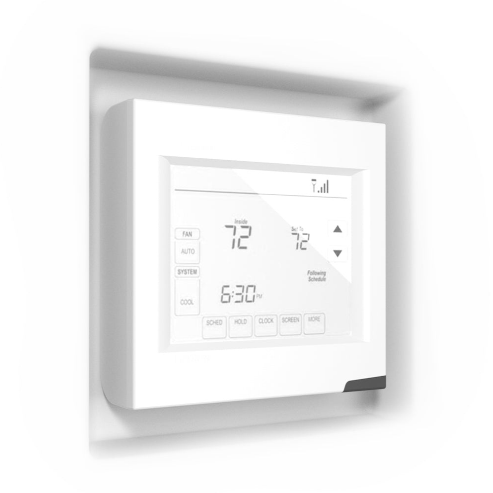 White universal square thermostat flush-mounted in a clean wall frame