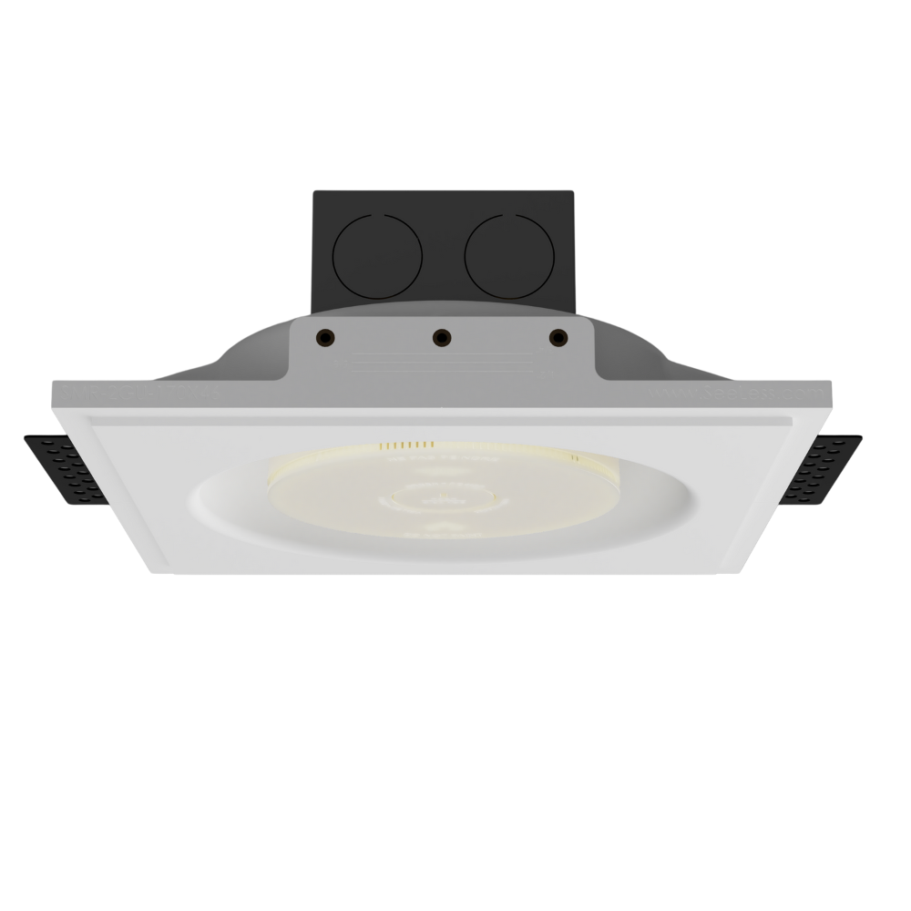Ceiling view of SMR-2GU-170x46 platform with integrated round detector, illustrating trimless recessed finish