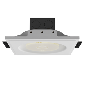 Ceiling view of SMR-2GU-170x46 platform with integrated round detector, illustrating trimless recessed finish