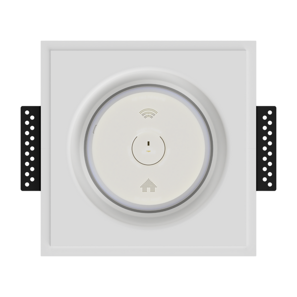 Front view of SMR-2GU-170x46 in-wall mount with round smoke/sensor device installed, highlighting clean edge detail