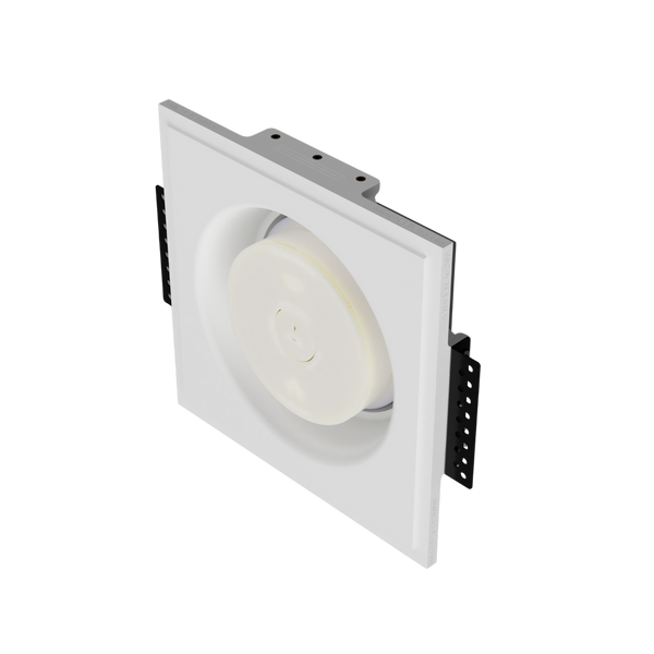 Left angle showing SMR-2GU-170x46 with round sensor device installed in two-gang universal mount