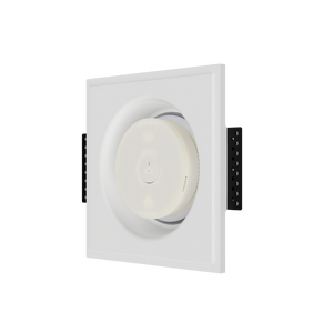 Side angle of SMR-2GU-170x46 flush mount with round smoke detector installed, showing seamless in-wall placement