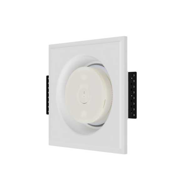 Side angle of SMR-2GU-170x46 flush mount with round smoke detector installed, showing seamless in-wall placement