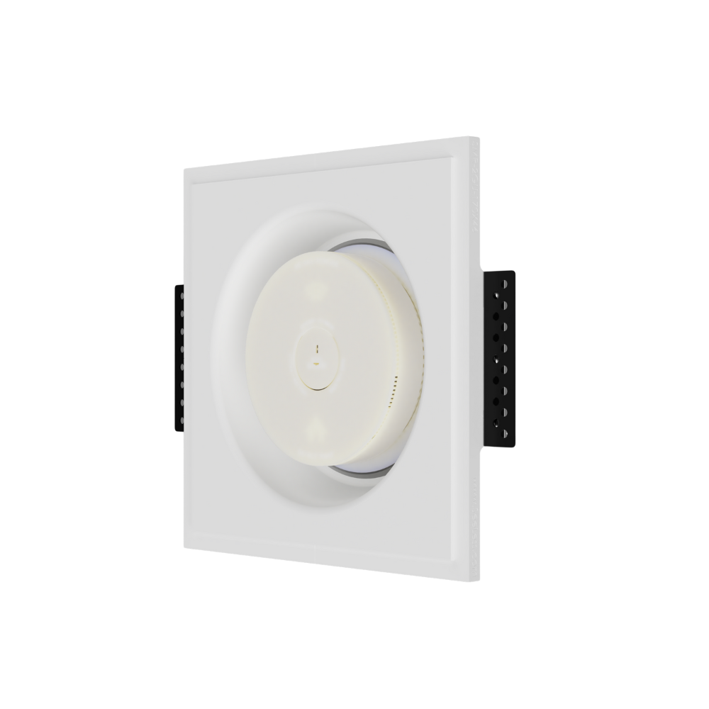 Side angle of SMR-2GU-170x46 flush mount with round smoke detector installed, showing seamless in-wall placement