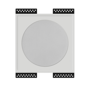 SL-WICI6R-030 round plaster mounting platform with Wisdom Insight ICI6 speaker installed, shown in front view with clean 1/32” reveal