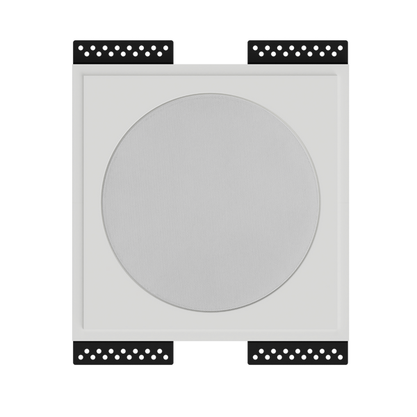 SL-WICI6R-030 round plaster mounting platform with Wisdom Insight ICI6 speaker installed, shown in front view with clean 1/32” reveal