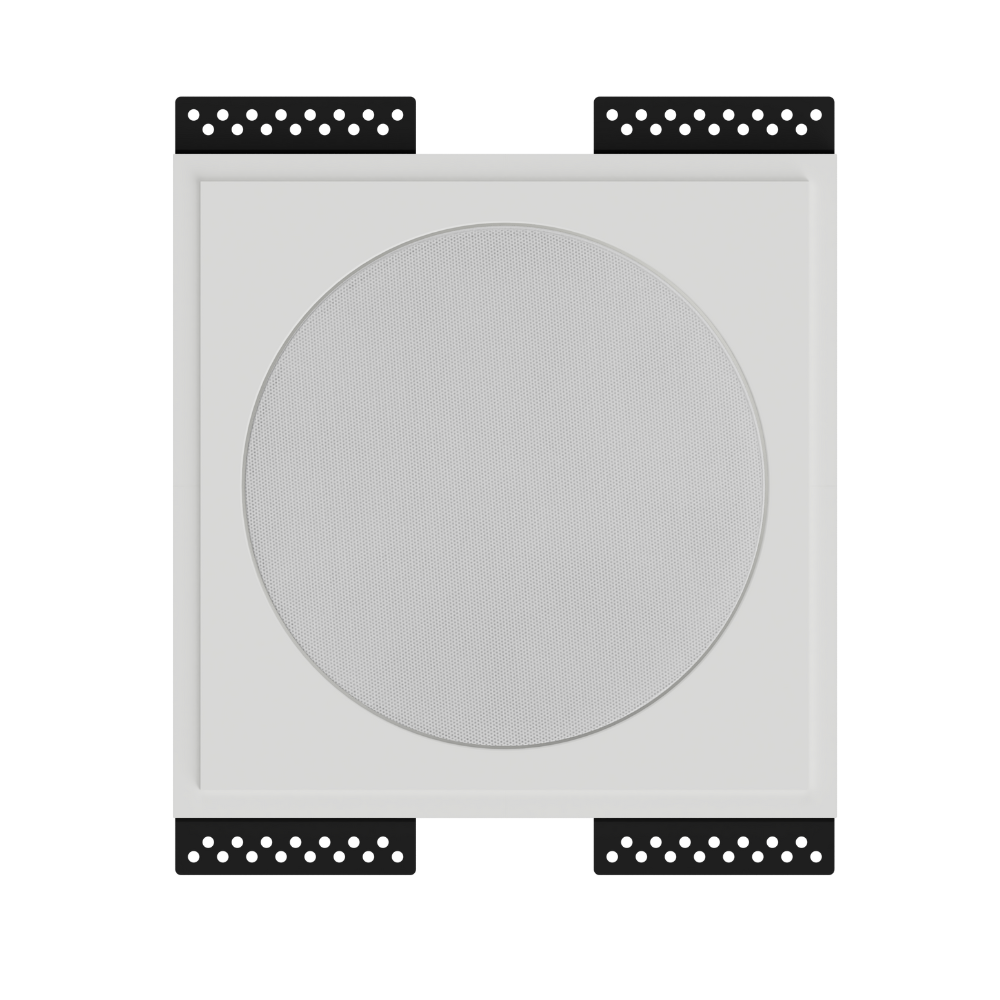 SL-WICI6R-030 round plaster mounting platform with Wisdom Insight ICI6 speaker installed, shown in front view with clean 1/32” reveal