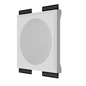 Angled view of SL-WICI6R-030 mount with ICI6 speaker installed, showcasing seamless in-ceiling integration