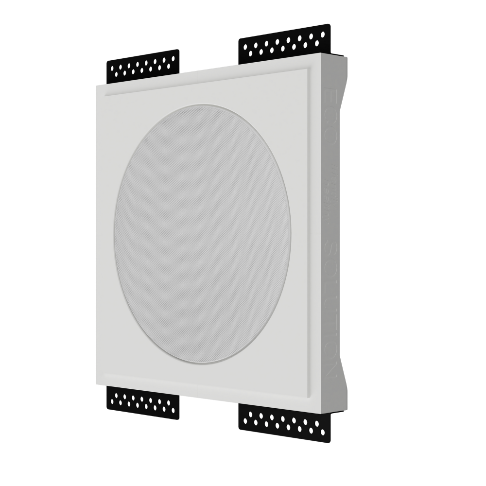 Angled view of SL-WICI6R-030 mount with ICI6 speaker installed, showcasing seamless in-ceiling integration
