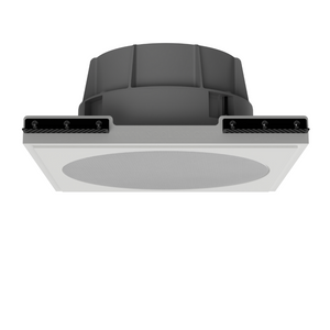 Ceiling angle of SL-WICS7R-030 round plaster mounting platform with Wisdom ICS7a speaker, showcasing flush recessed finish
