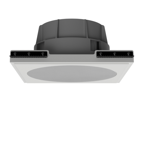 Ceiling angle of SL-WICS7R-030 round plaster mounting platform with Wisdom ICS7a speaker, showcasing flush recessed finish