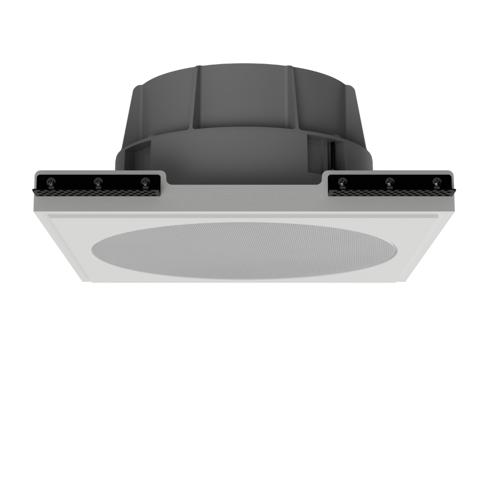 Ceiling angle of SL-WICS7R-030 round plaster mounting platform with Wisdom ICS7a speaker, showcasing flush recessed finish
