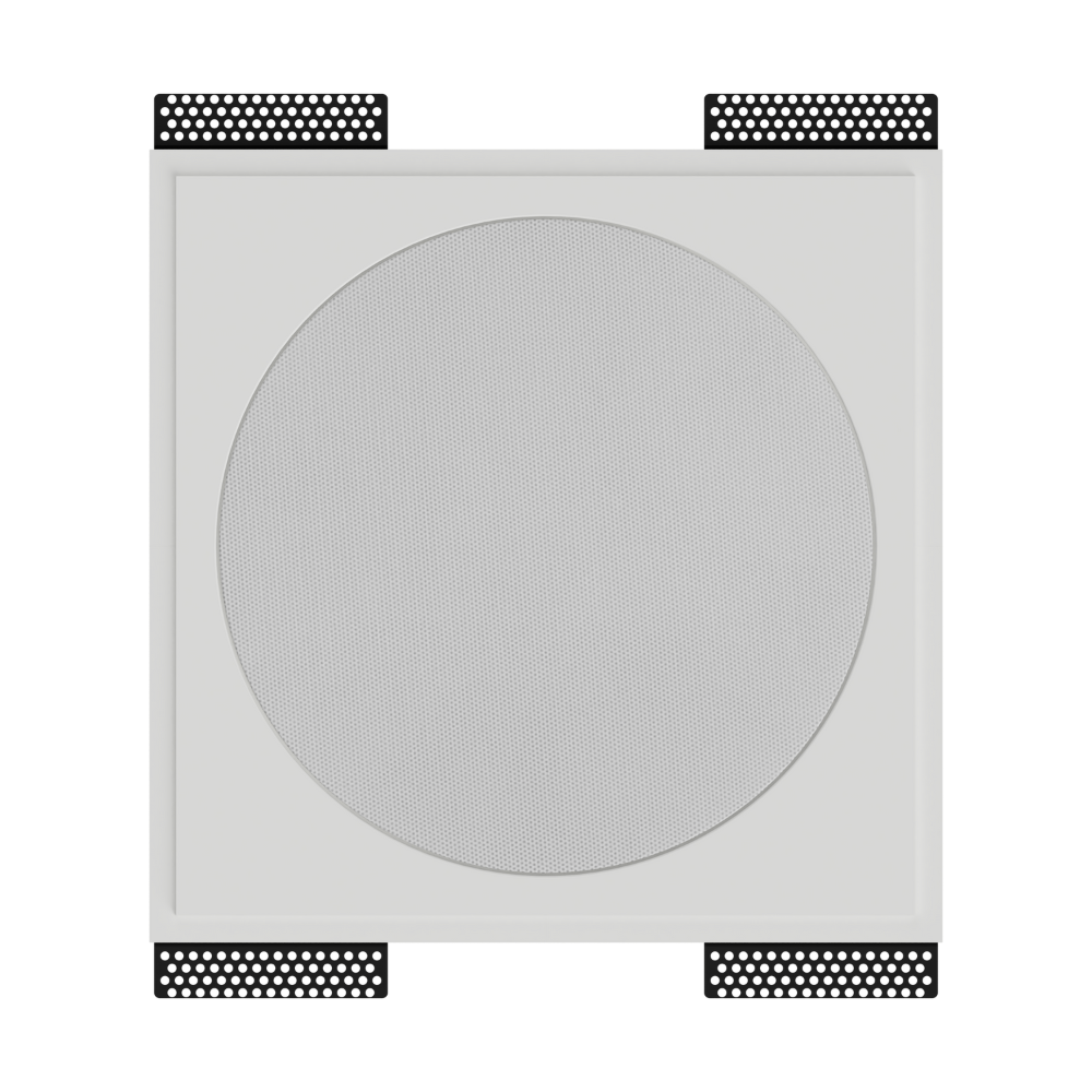 Ceiling angle of SL-WICS7R-030 round plaster mounting platform with Wisdom ICS7a speaker, showcasing flush recessed finish