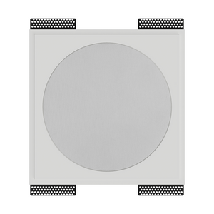 Front view of SL-WICS7R-030 round speaker mount with device installed, featuring trimless design and paint-ready gypsum finish