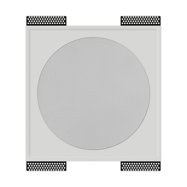 Front view of SL-WICS7R-030 round speaker mount with device installed, featuring trimless design and paint-ready gypsum finish