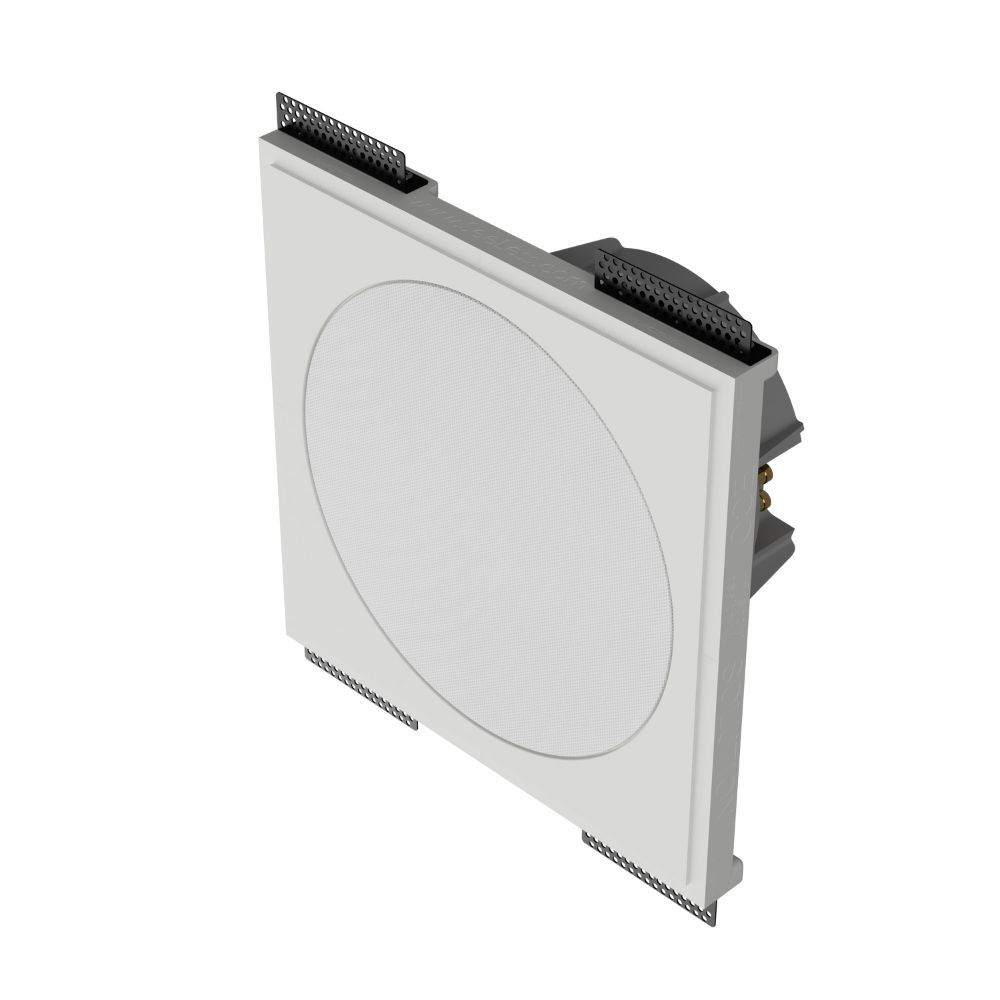 Alternate left angle of SL-WICS7R-030 platform, revealing seamless fit with drywall around in-ceiling speaker