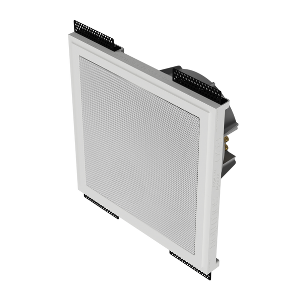 Left-angled view of SL-WICS7S-030 platform with installed Wisdom speaker, seamlessly recessed into drywall