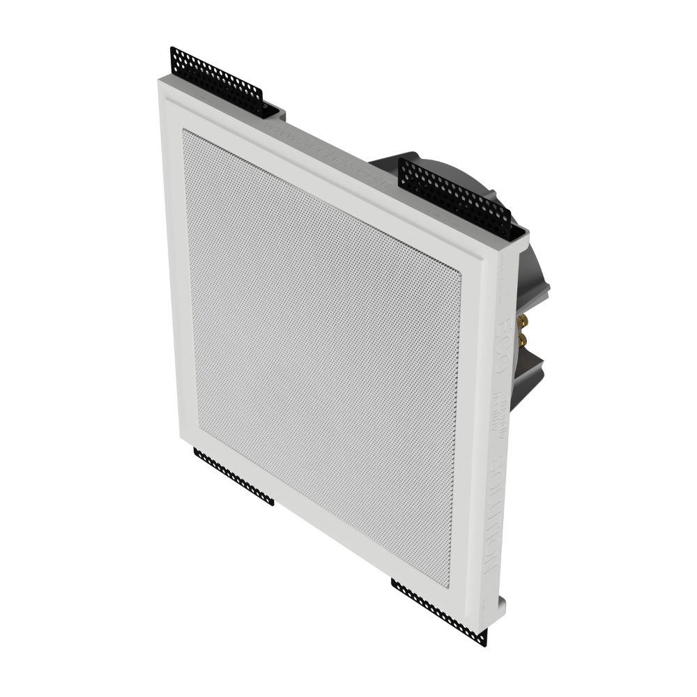 Left-angled view of SL-WICS7S-030 platform with installed Wisdom speaker, seamlessly recessed into drywall