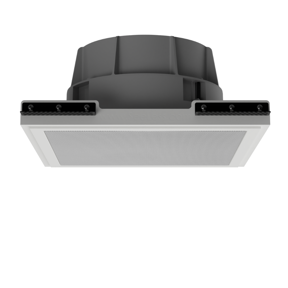 Wisdom ICS7a square speaker flush-mounted with SL-WICS7S-030 platform, ceiling angle highlighting trimless finish