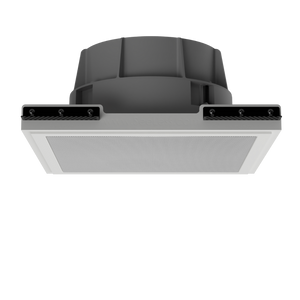 Wisdom ICS7a square speaker flush-mounted with SL-WICS7S-030 platform, ceiling angle highlighting trimless finish