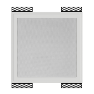 SL-WICS7S-030 square plaster mounting platform installed with Wisdom ICS7a speaker, front angle showing 1/32” reveal