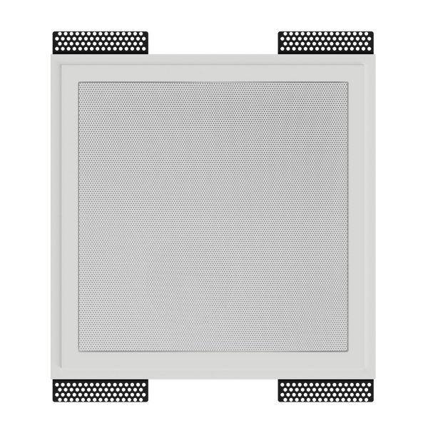 SL-WICS7S-030 square plaster mounting platform installed with Wisdom ICS7a speaker, front angle showing 1/32” reveal