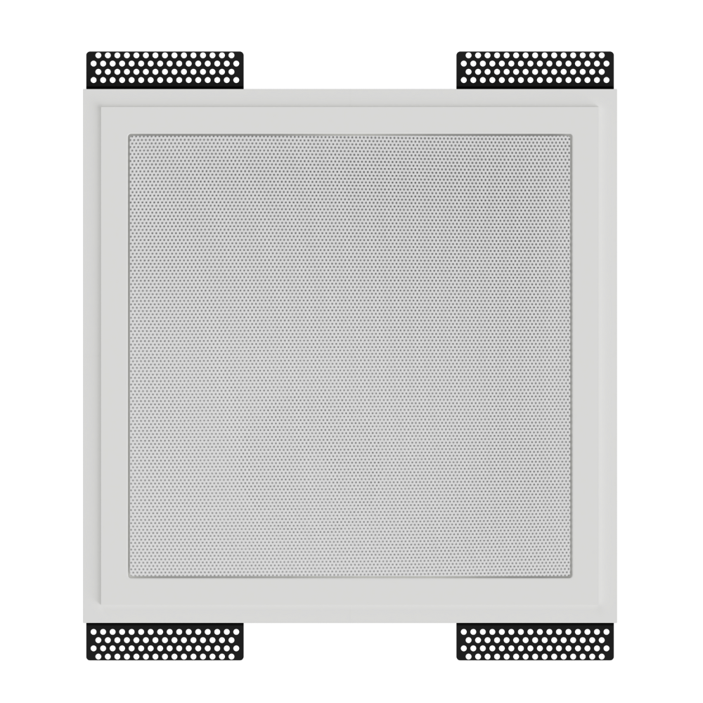 SL-WICS7S-030 square plaster mounting platform installed with Wisdom ICS7a speaker, front angle showing 1/32” reveal