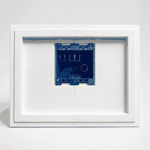 SeeLess SLA-TPC411-375 flush-mount platform with Control4 touch panel installed, front view on white background.