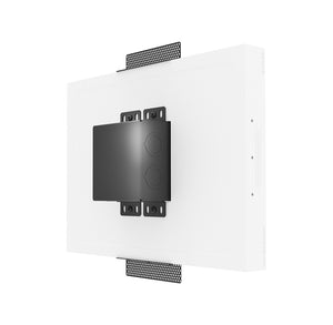 Interior shot of SLD‑TPS‑500 mount installed with Crestron 7″ panel in drywall — minimalist flush installation.